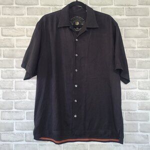 Tommy Bahama Black Silk Shirt Woven Stripe Large Button Up Resort Wear Relaxed